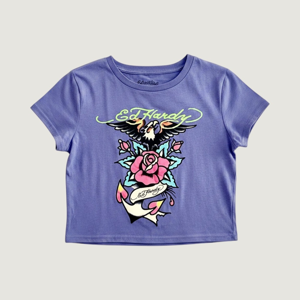 Ed Hardy Womens Eagle Rose Anchor Crop Top Pale Blue Purple Y2K Tee Size Med